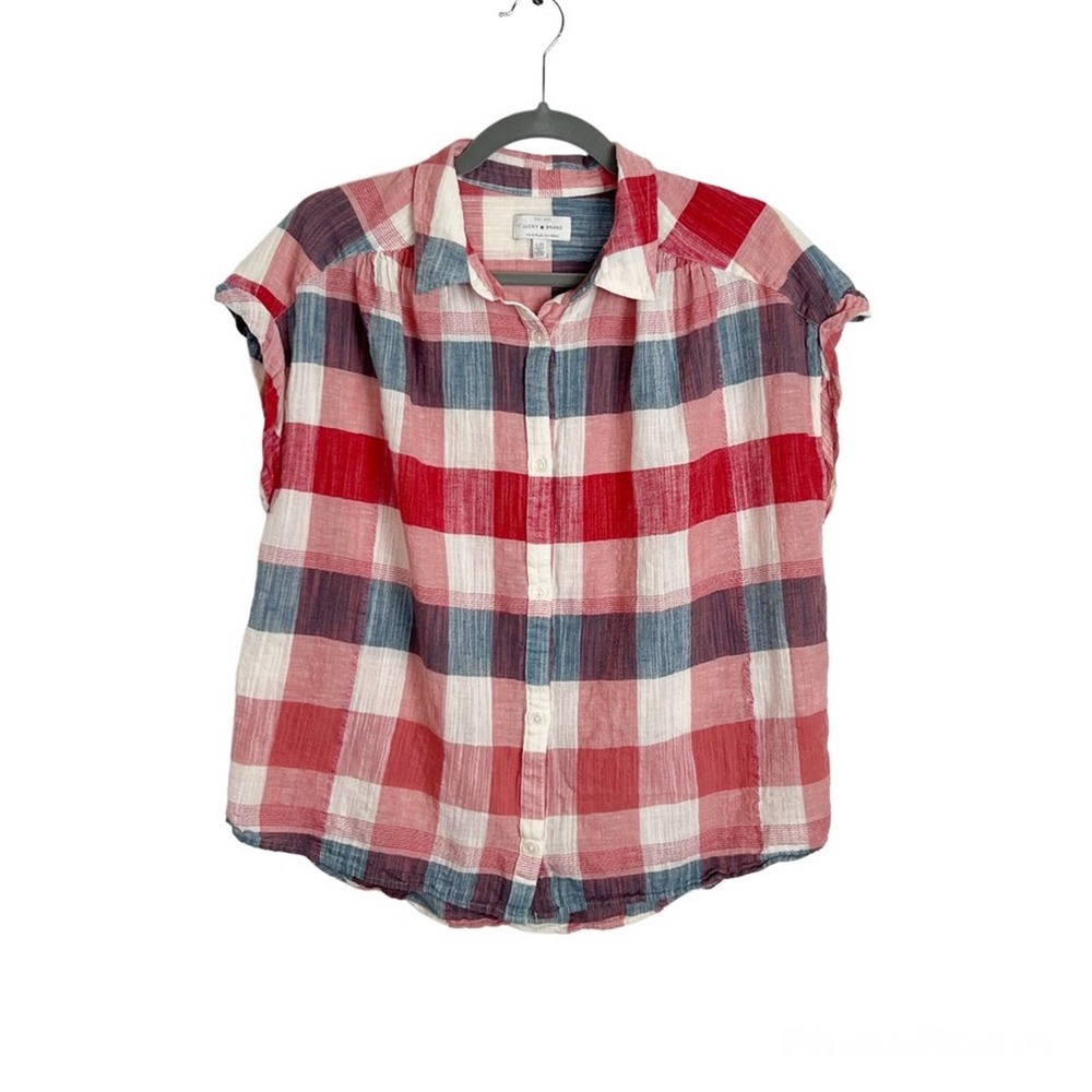 Lucky Brand Linen Blend Large Plaid Short Sleeve Button Up Top